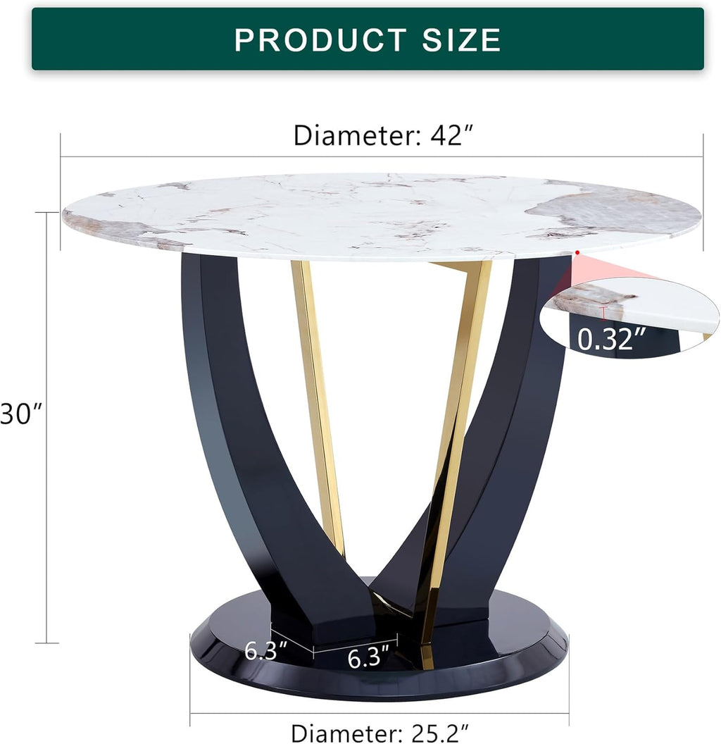 42" Round Dining Table for 4-6, Modern Faux Marble Kitchen Tabletop with Black Wood Pedestal and Gold Metal Frame