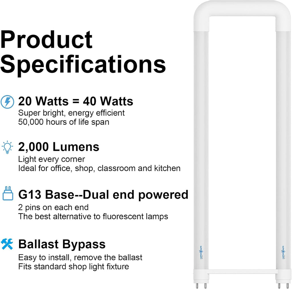 T8 U Bend Shape LED Tube Light 20W ETL Listed 2x2FT 5000k 10 Pack