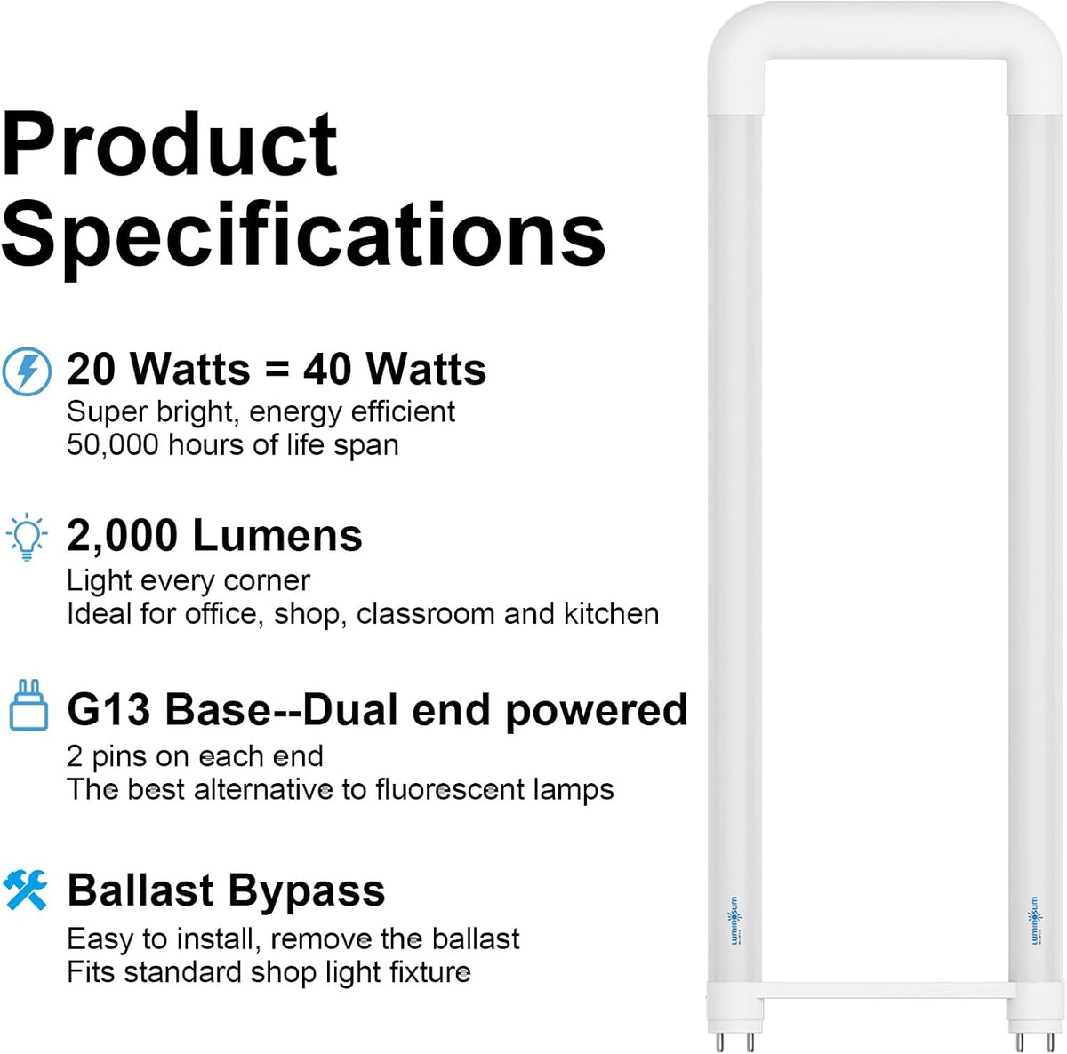 T8 U Bend Shape LED Tube Light 20W ETL Listed 2x2FT 5000k 10 Pack