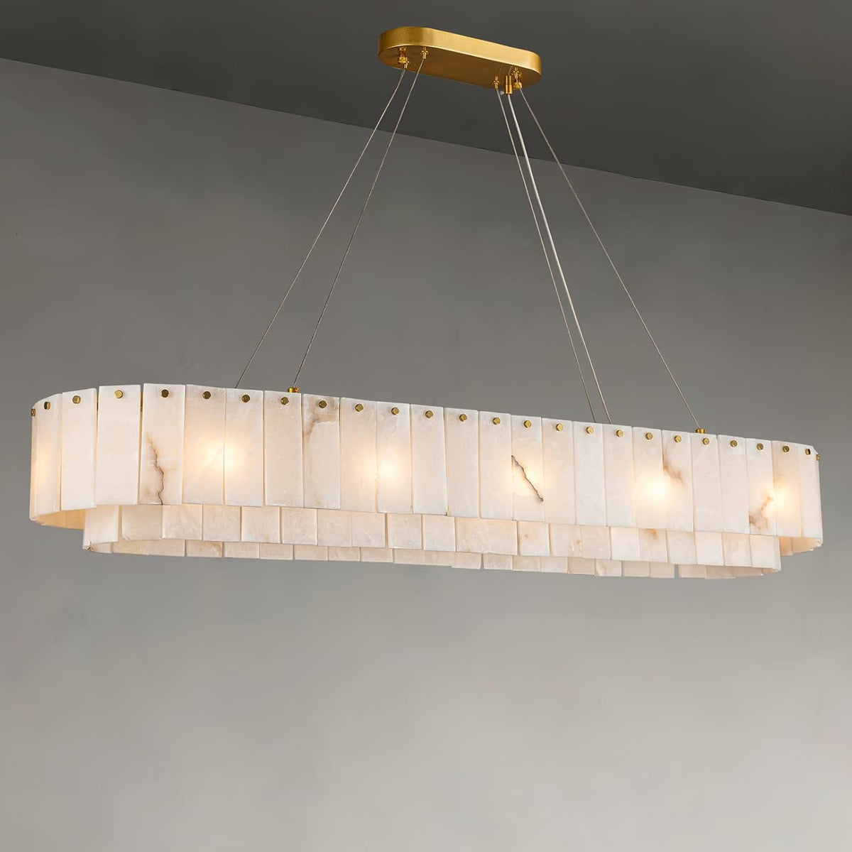 Inspired Alabaster Style Alabaster Chandelier Rectangle,Modern Dining Room Chandeliers,Spanish Marble Pendant Light Fixture for Living Room,Kitchen Island,L55 inchs,12-Lights G9