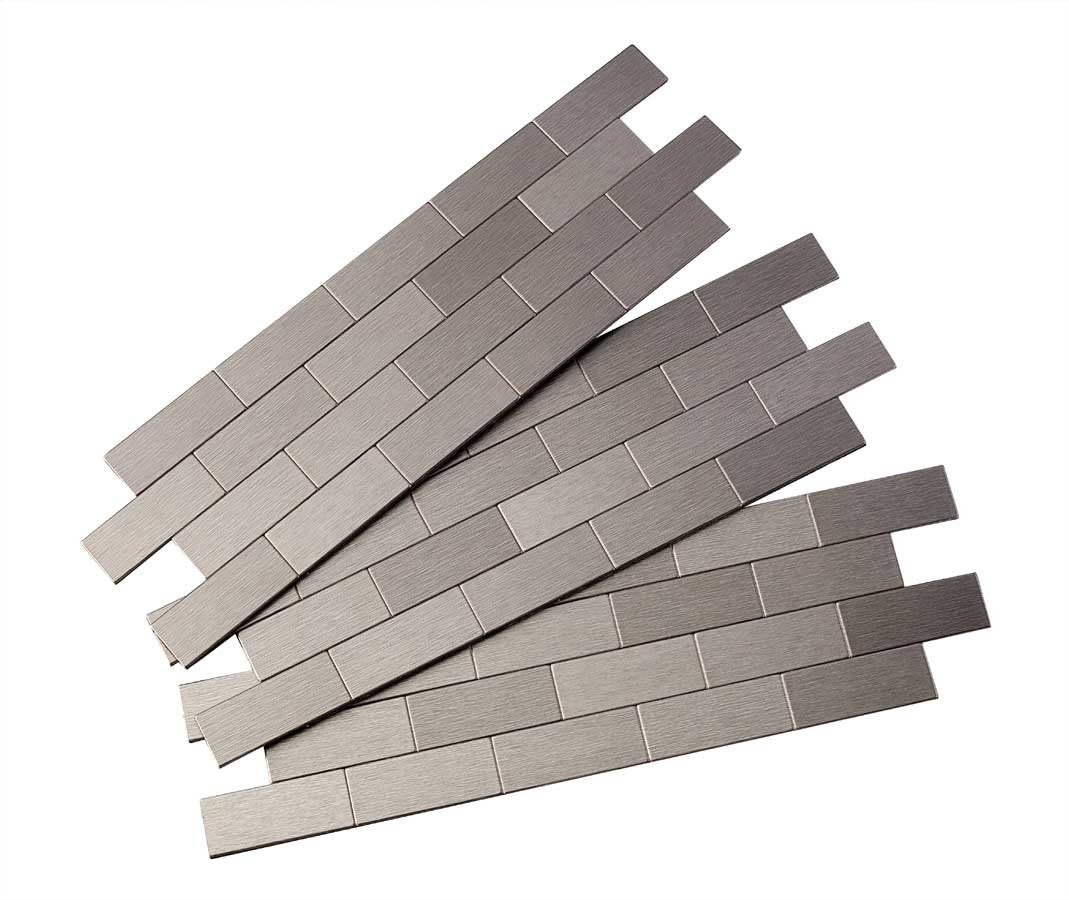 Peel and Stick Backsplash 12.5in x 4in Subway Stainless Matted Metal Tile s (3-Pack)