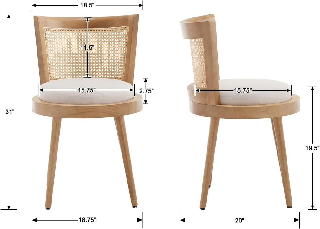 Modern Farmhouse Rattan Dining Chairs Set of 4, Natural Wood Kitchen Chairs with Beige Linen Upholstery and Cane Back for Dining Room