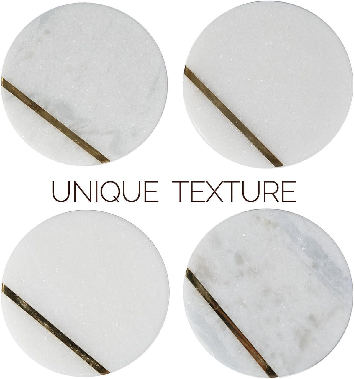 Marble Coaster, Round Coasters, 4" Stone Coaster for Drinks Coffee, White Marble with Gold Brass Coasters - Set of 4