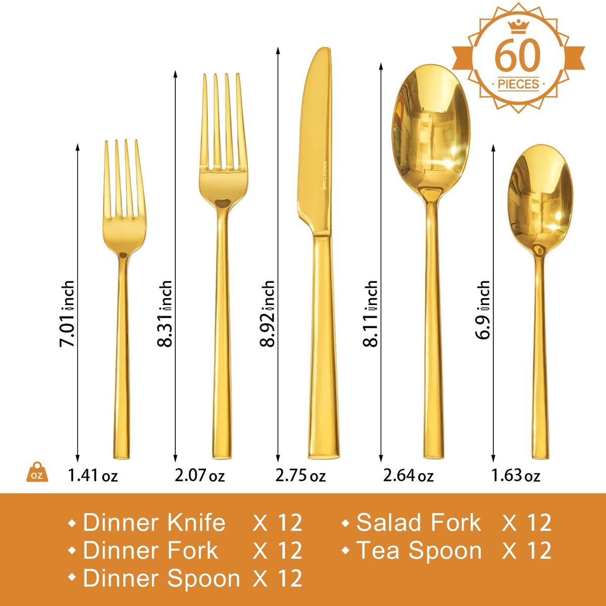 Gold Silverware Set for 12, 60-Piece Stainless Steel Flatware Cutlery Set
