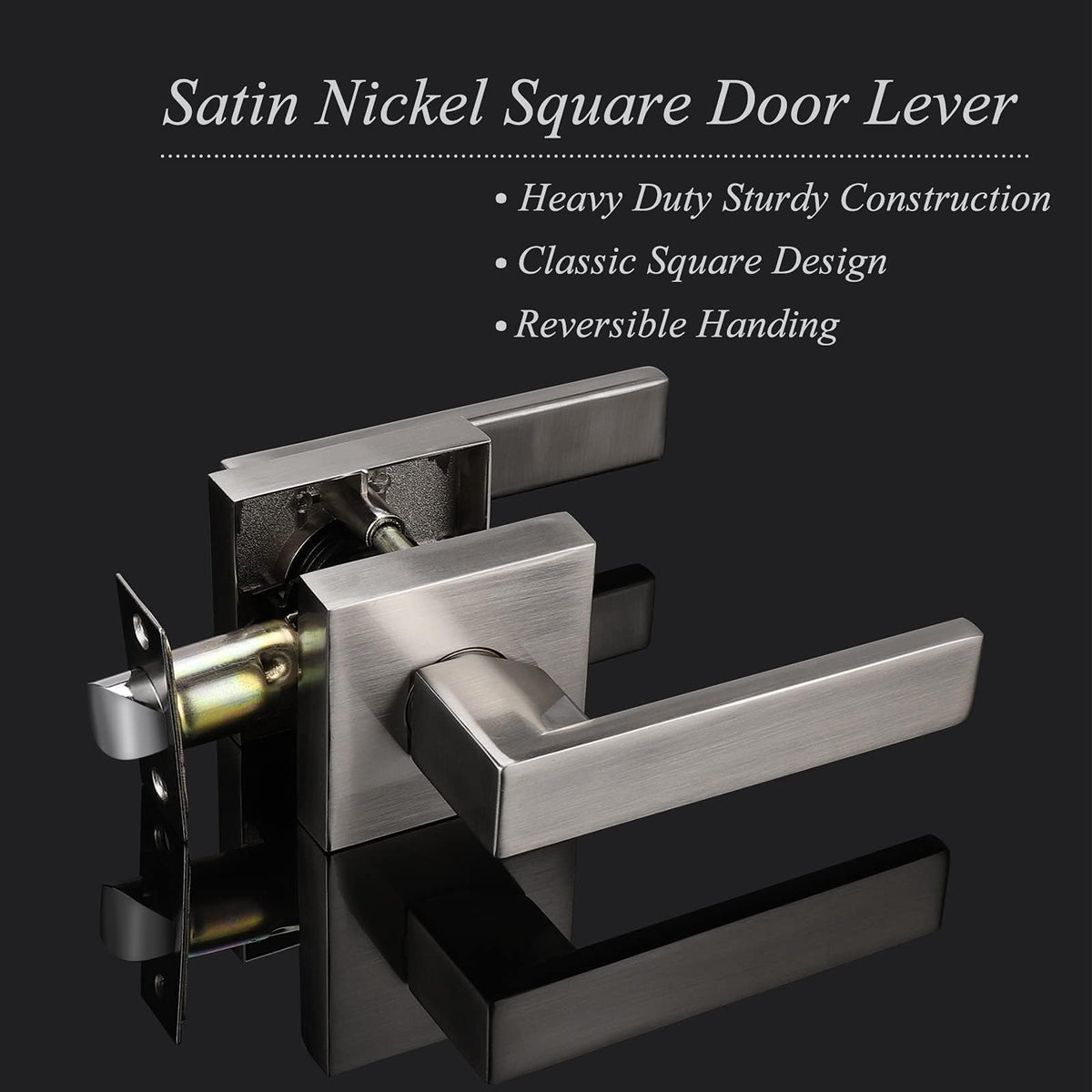 Square Brushed Nickel Passage Door Handles, Interior Non-Locking for Hall & Closet, Heavy Duty Zinc Alloy Reversible