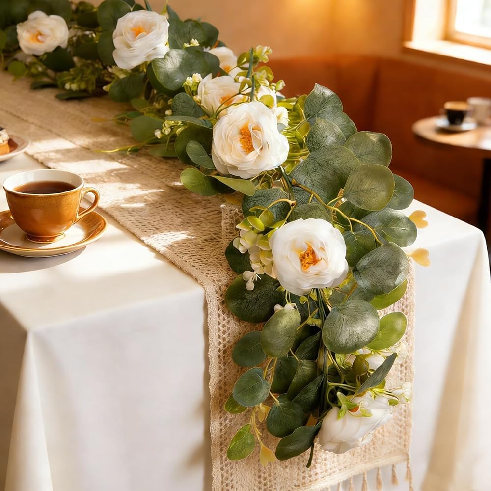 2 Pack Total 12FT Artificial Eucalyptus Garland with White Rose