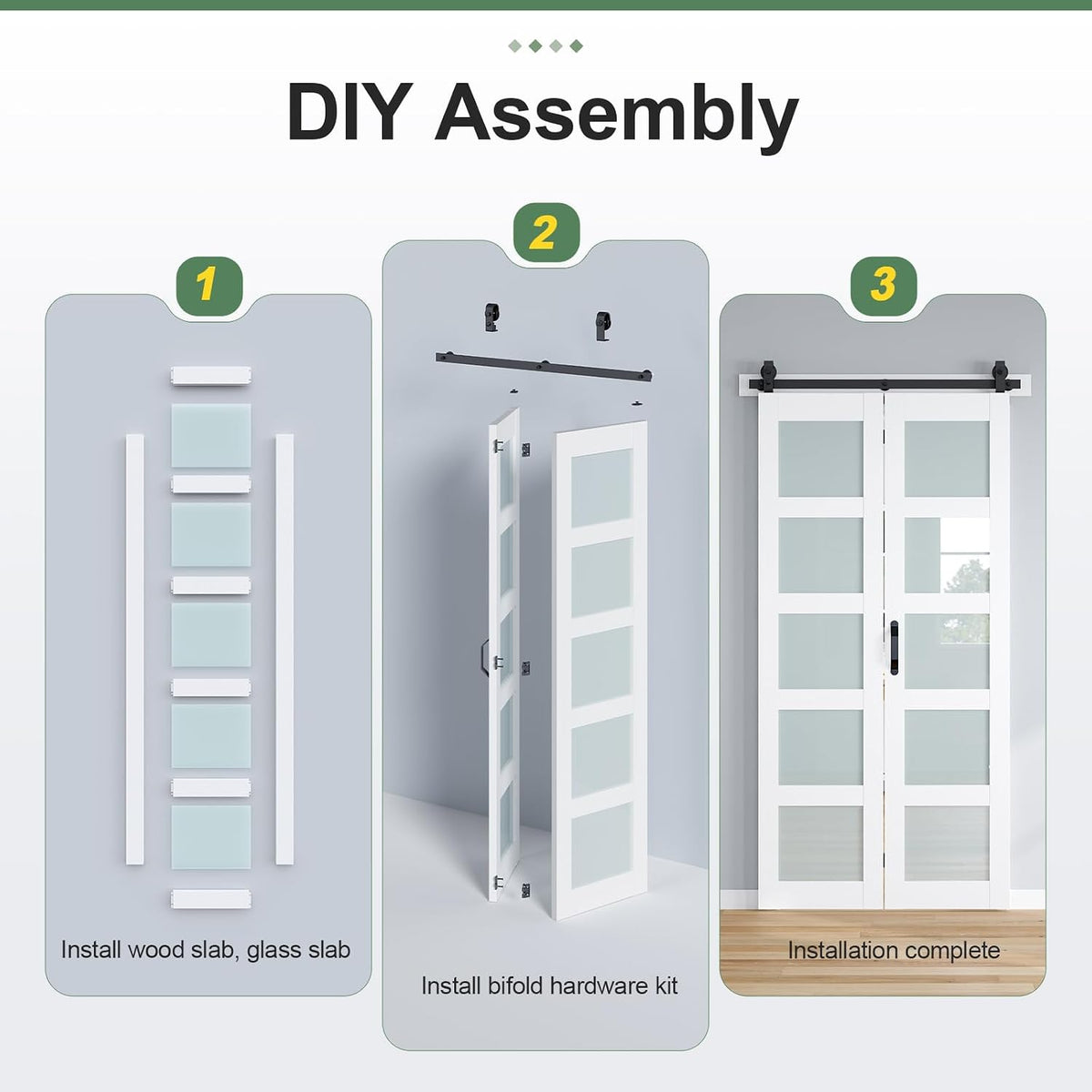 Bifold Barn Door 48x84 Inch (Double 24x84), White Frosted Glass Bifolding Doors with 52" Hardware Kit Included, Closet