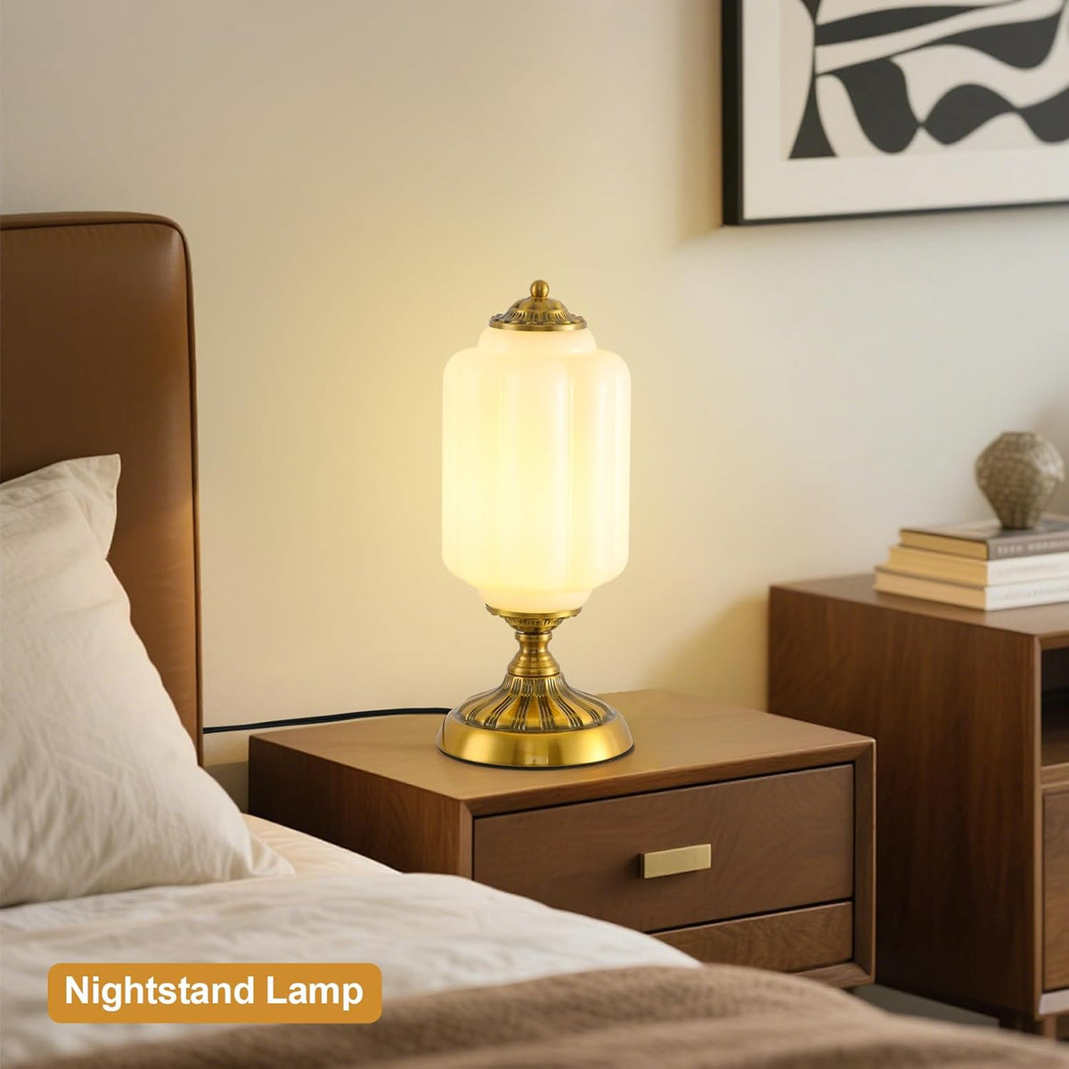Vintage Milk Glass Table Lamp, Art Deco Mid Century Modern Bedside Lamp, Bedroom Nightstand & Living Room Essential