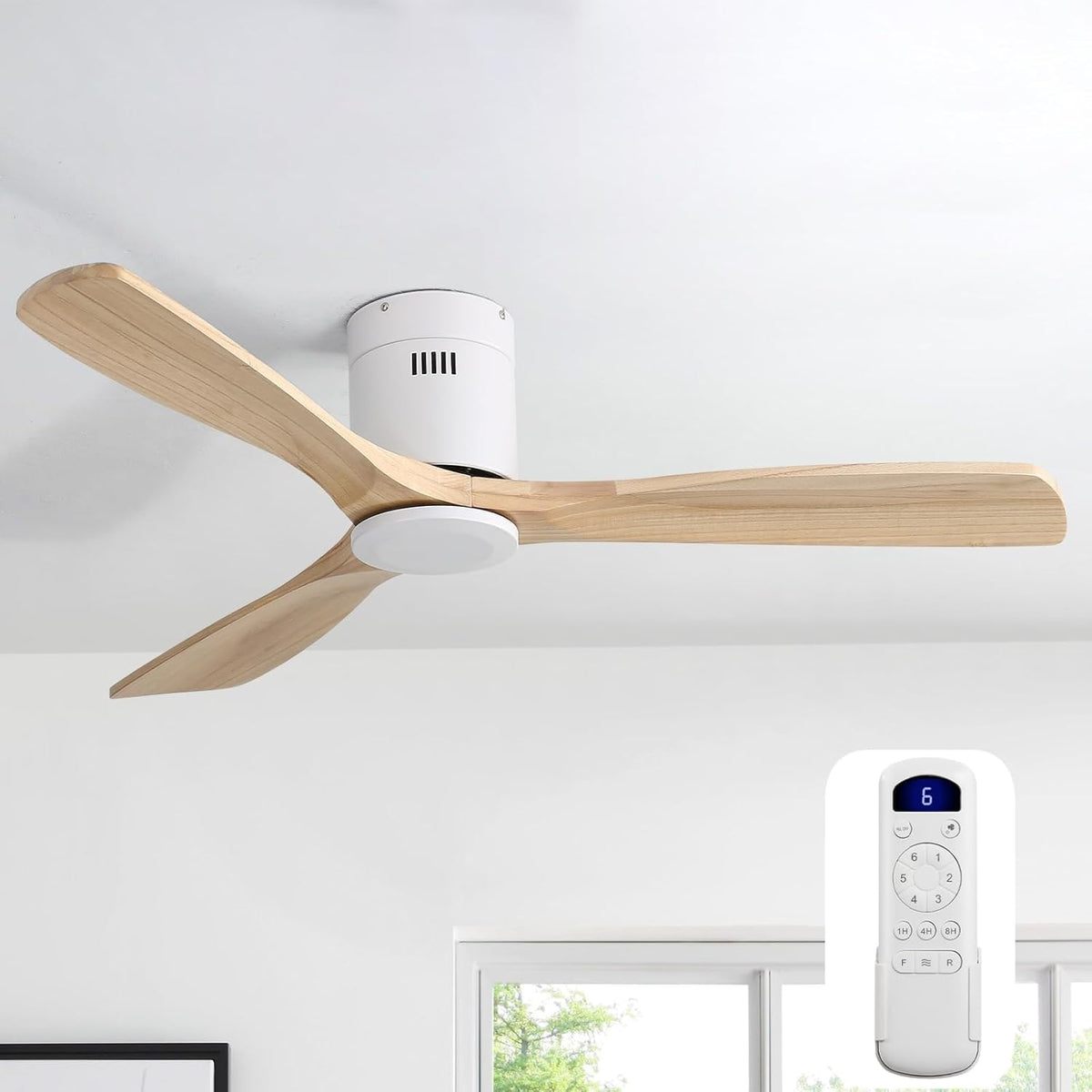 52 Inch Solid Wood Ceiling Fan Without Lights Flush Mount Ceiling Fans with Remote Control