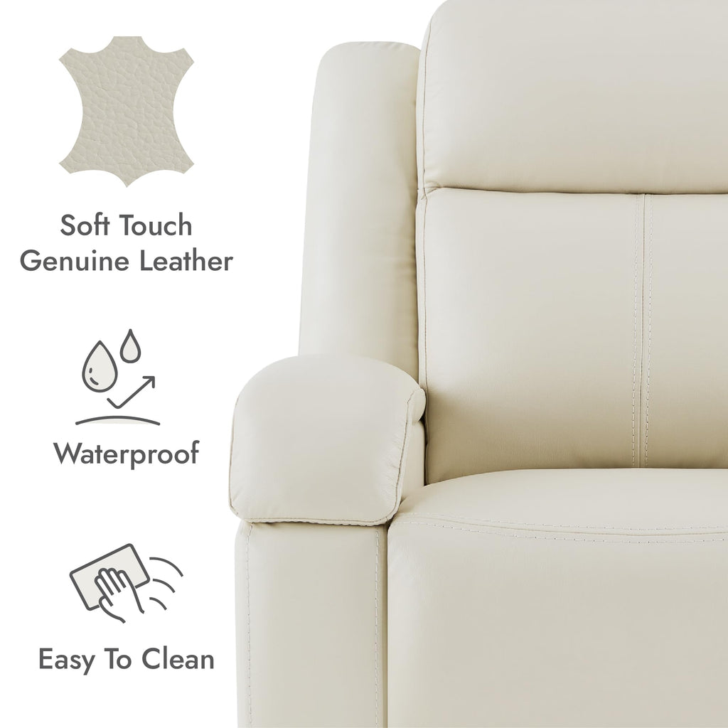Oversized Genuine Leather Power Recliner Chair, Cream