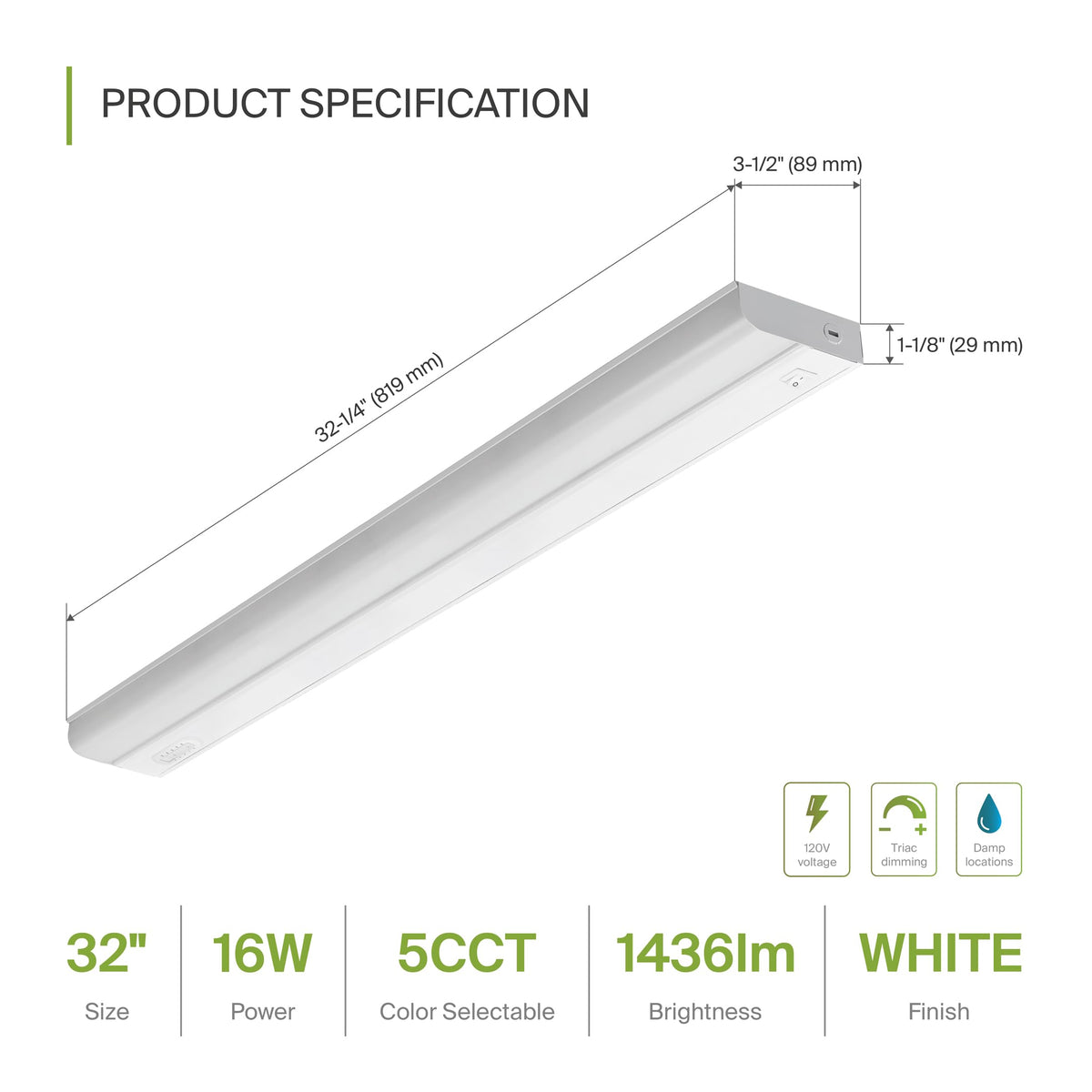 LED Under Cabinet Lighting Hardwired, 32 Inch 16W