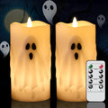 Halloween Ghost Flameless Pillar Candles with Remote Timer - Set of 2