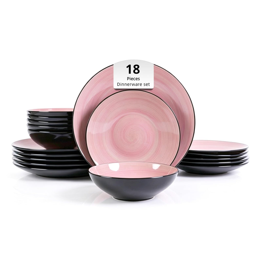 Stoneware Dinnerware Set, Sonoma 18 Piece Service for 6, Black & Speckled Pink Spinwash Plates and Bowls, Microwave &