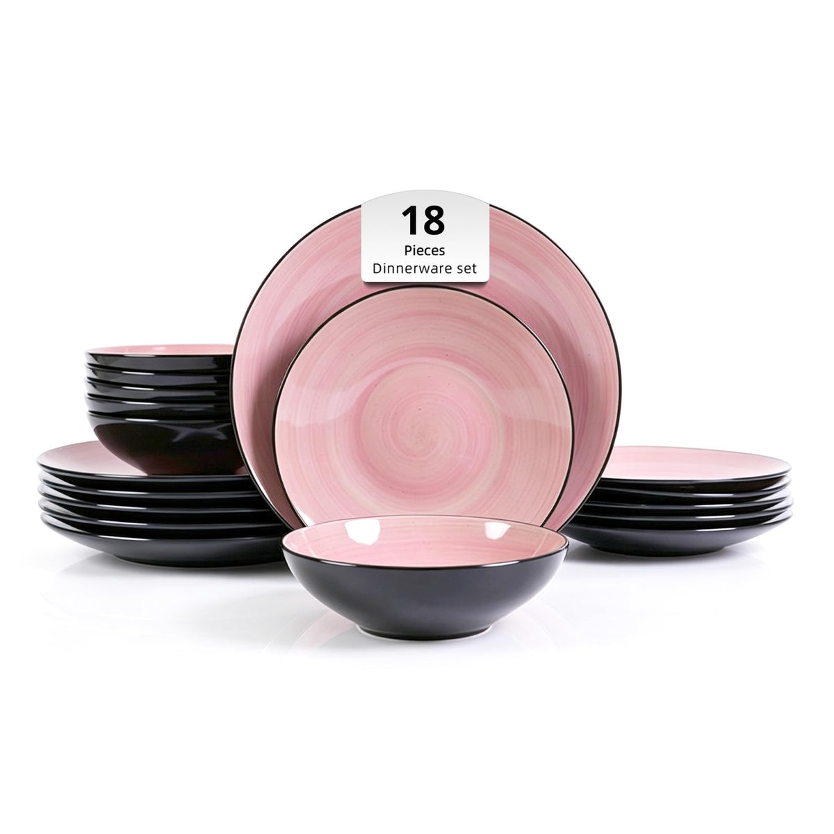 Stoneware Dinnerware Set, Sonoma 18 Piece Service for 6, Black & Speckled Pink Spinwash Plates and Bowls, Microwave &