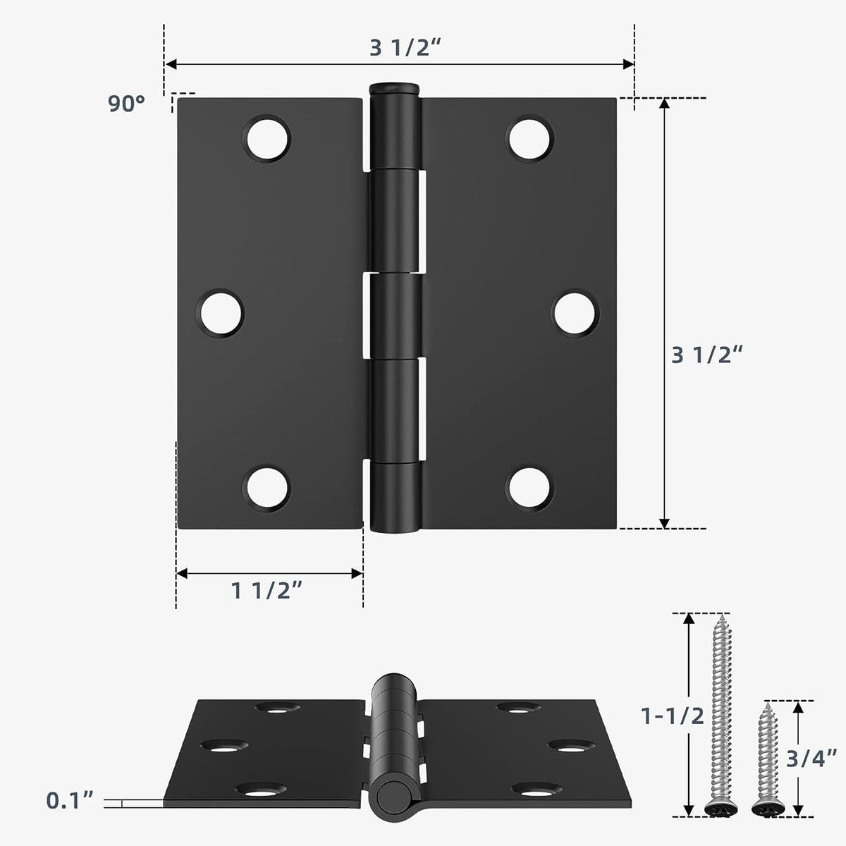 12 Pack 3.5" x 3.5" Black Square Door Hinges, Matte Black Interior Door Hinge Bathroom Door, 3 1/2 Inch Door Hinges