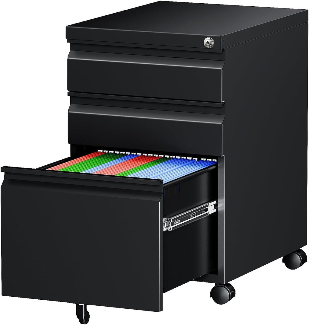 3 Drawer Mobile File Cabinet with Lock, Under Desk Metal Rolling Filing Cabinets Organizer Letters/Legal/A4 (Black
