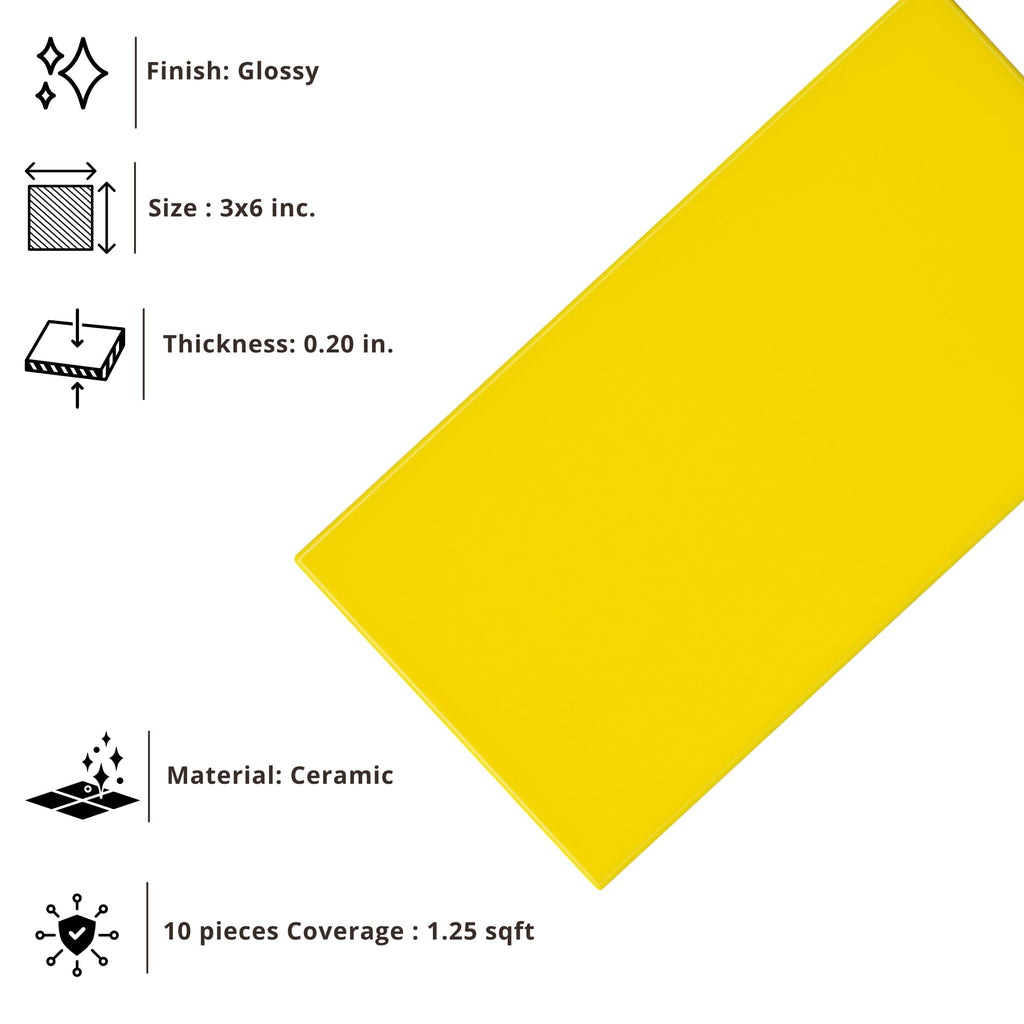 3x6 Ceramic Subway Tile Gloss (Shinny) Box of 10 Pieces Wall Shower Kitchen Backsplash (Yellow)