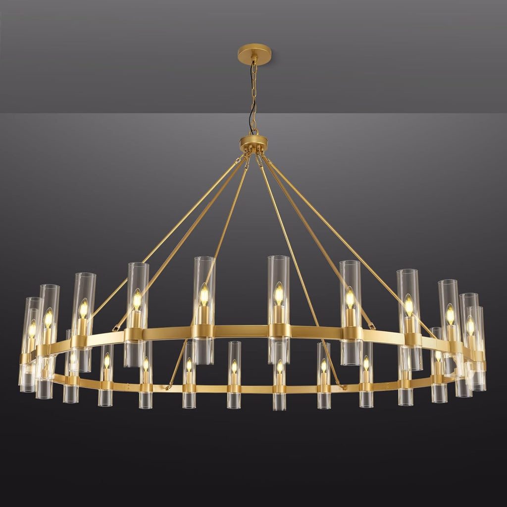 Inspired Ravelle Style Gold Wagon Wheel Chandelier, 70 Inch Glass Chandeliers, 24 Light Chandelier for High Ceiling, Modern Farmhouse Chandeliers for Living Room, Dining Room, Entryway, Stairwell (Bulbs Included)