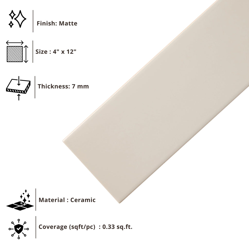 Ivory Matte Ceramic Subway Tile 4x12 in Backsplash Bathroom Wall Shower Fireplace Accent Modern Interior Smooth