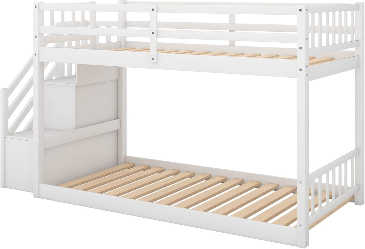 Low Bunk Beds Twin Over Twin with Stairs Solid Wood Bunk Bed Frame for Kids Boys Girls Teens, White