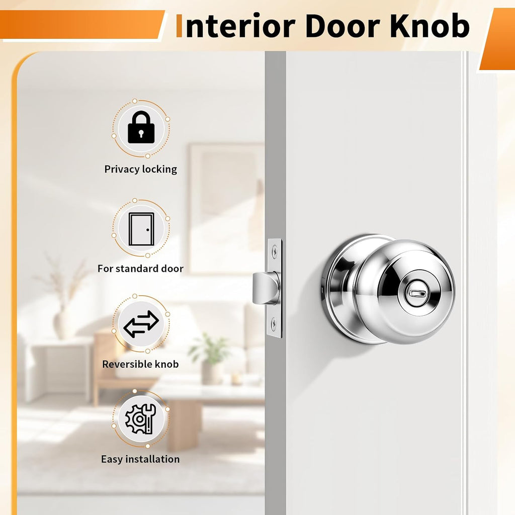Polished Chrome Privacy Door Knobs, Interior Door Lock Bedroom, Keyless Round Ball Knob Handle, Thumb-Turn Locking, 5