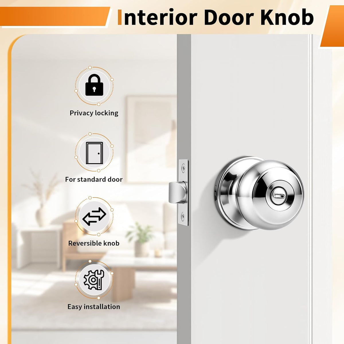Polished Chrome Privacy Door Knobs, Interior Door Lock Bedroom, Keyless Round Ball Knob Handle, Thumb-Turn Locking, 5