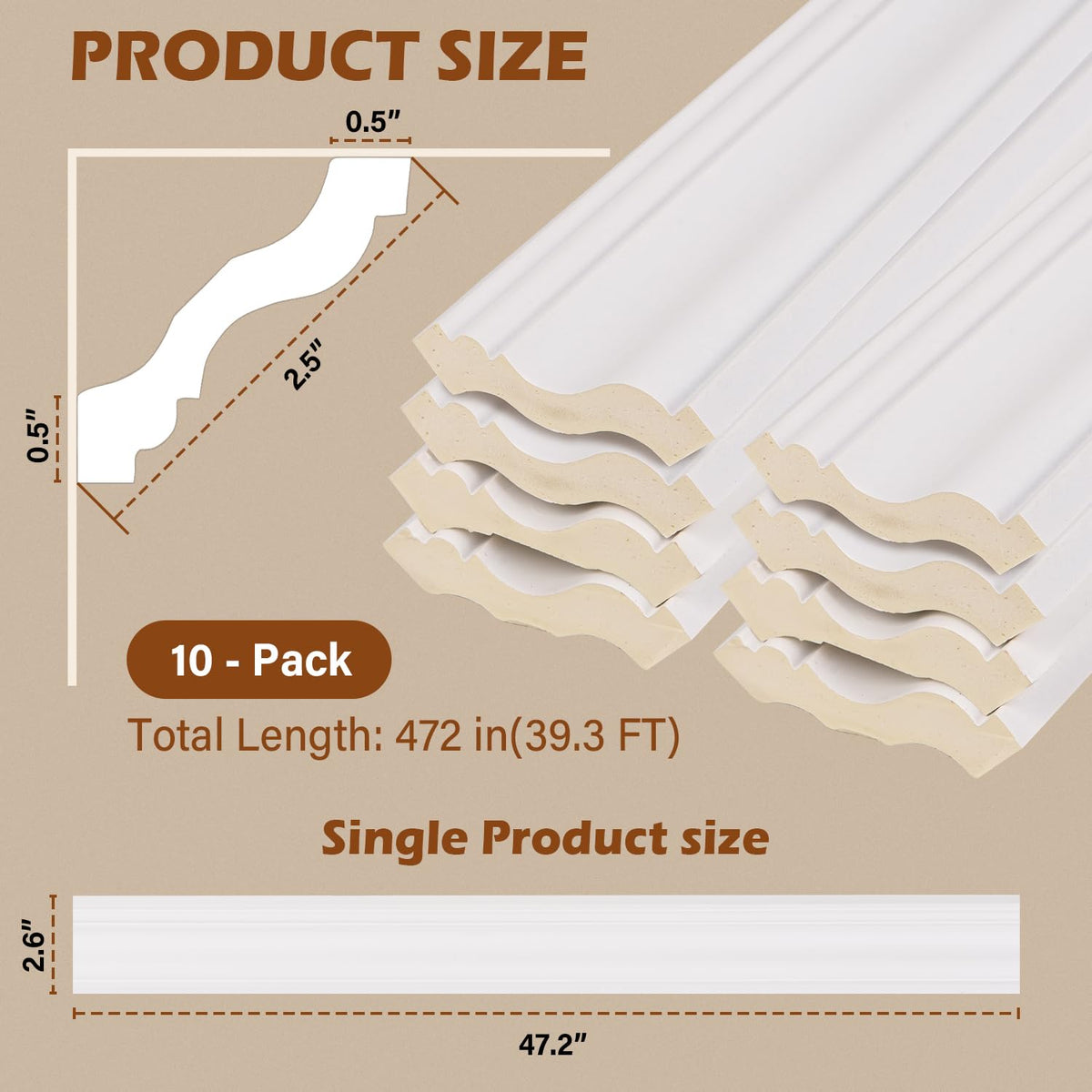 10-Pcak Ceiling Crown Molding Trim,Crown Molding Total Length 40 Ft,Lightweight High-Impact Polystyrene Decorative