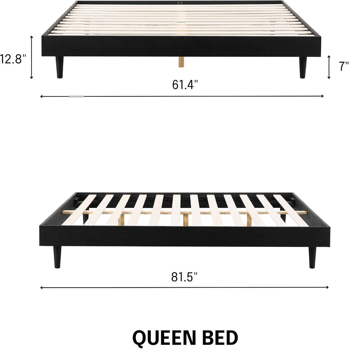 Fly Wooden Bed Frame Without Headboard, Solid Oak and Rubber Wood Foundation with Silent Slats and Wood Central