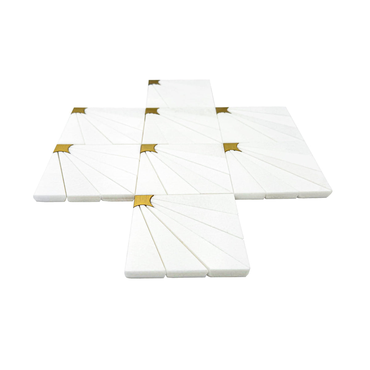 Marble Mosaic Tile Shower and Bathroom Walls, Thassos Marble with Brass Accent, Waterjet Backsplash Tile, 11" × 11"