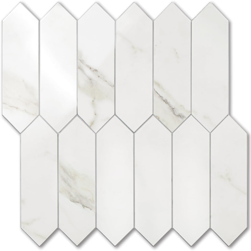 Glossy White Marble Backsplash Tile Peel and Stick, 12.8 x 12.8 Inch 10 Sheets Long Hexagon PVC Self Adhesive Mosaic