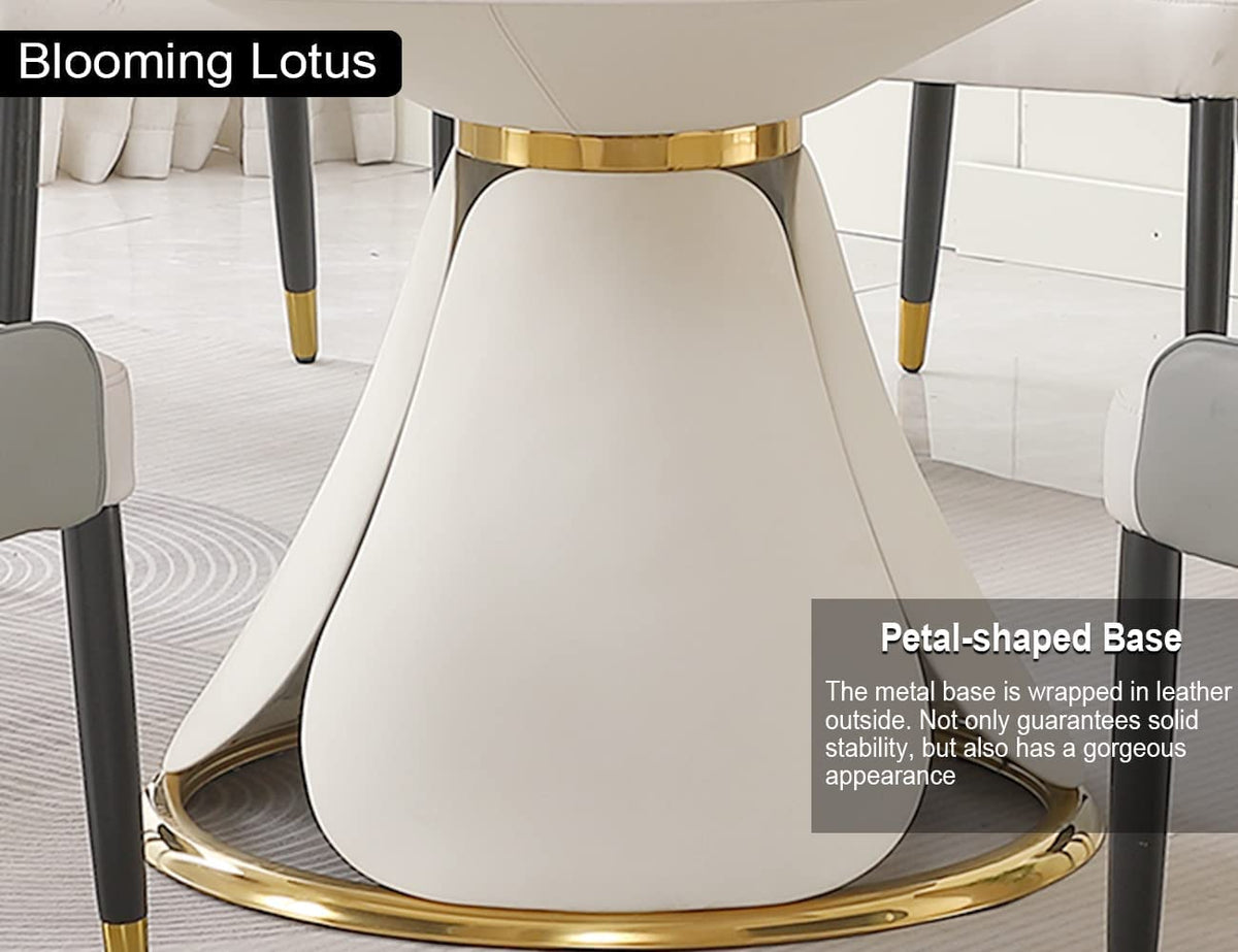 59" Round Dining Table - Modern Faux Marble Tabletop with Rotating Tray & Petal-Shaped Base, White Round Sintered