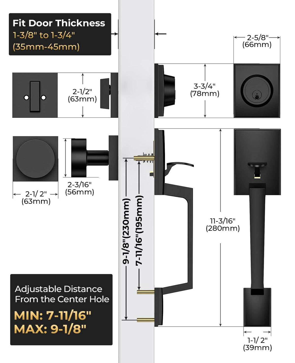 Black Front Door Handle and Deadbolt Set with Modern Exterior Knob