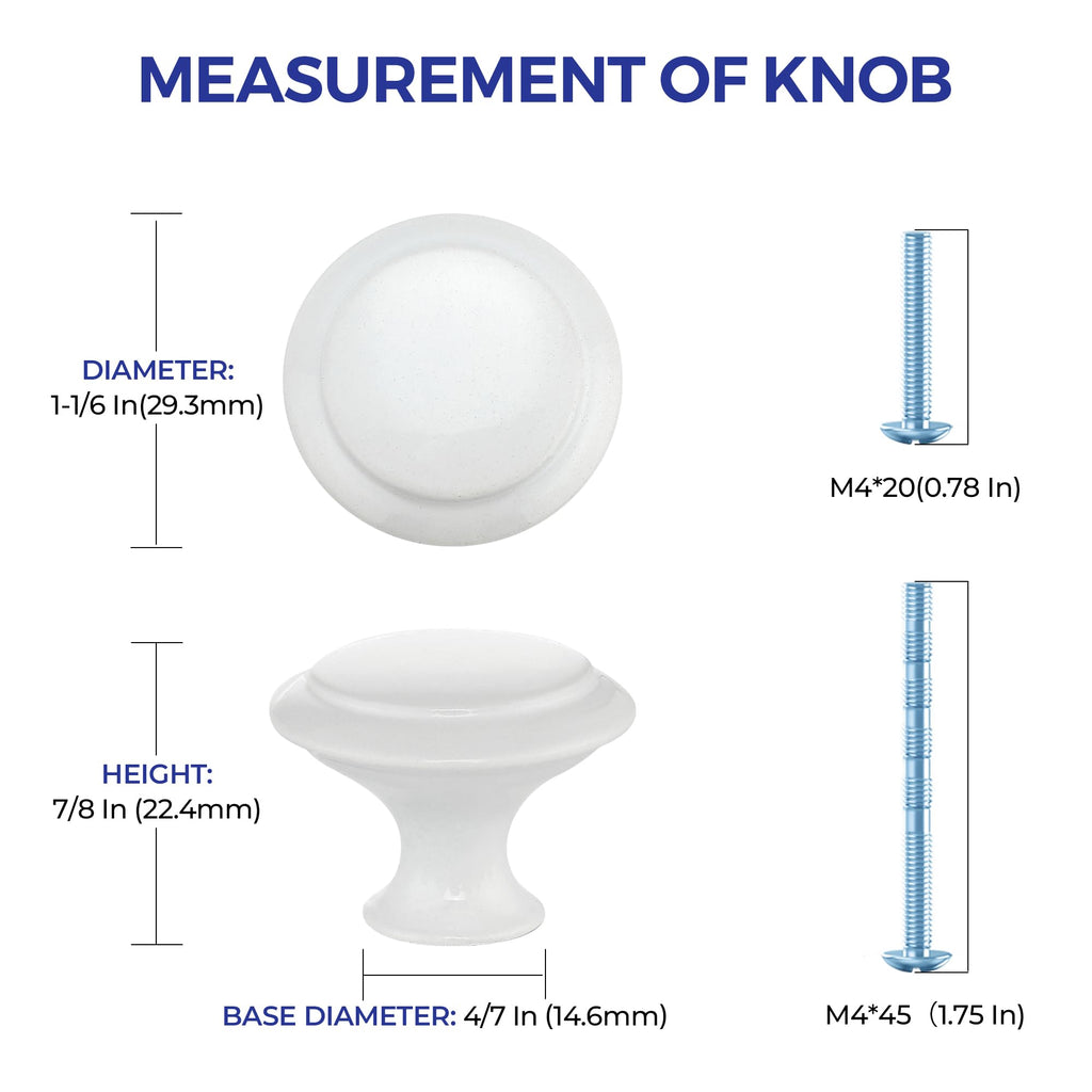 White Cabinet Knobs Kitchen Pulls 1-1/4 Inch 20 Pack