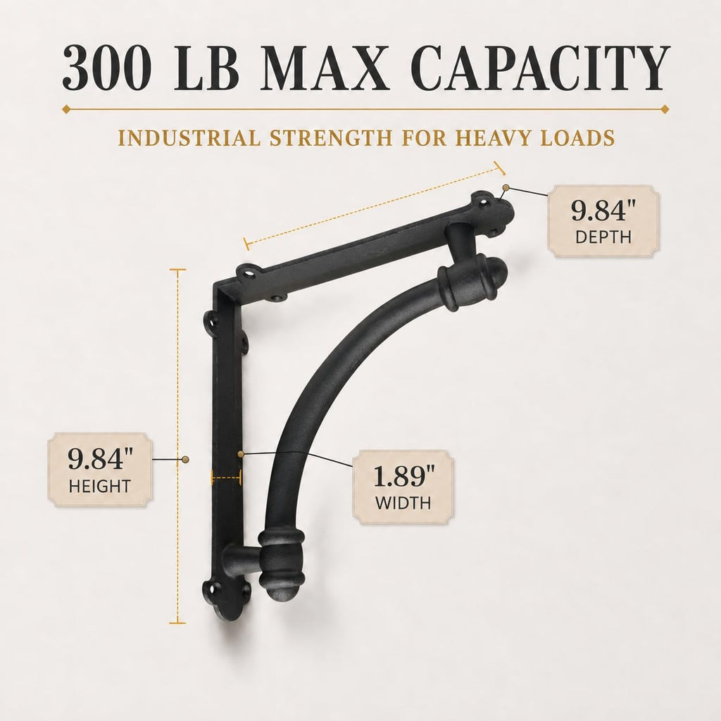 Decorative Shelf Brackets, 2 Pack of 9.6 x 1.7 x 9.6 inch Black Cast Iron Shelf Brackets - Decorative Brackets for