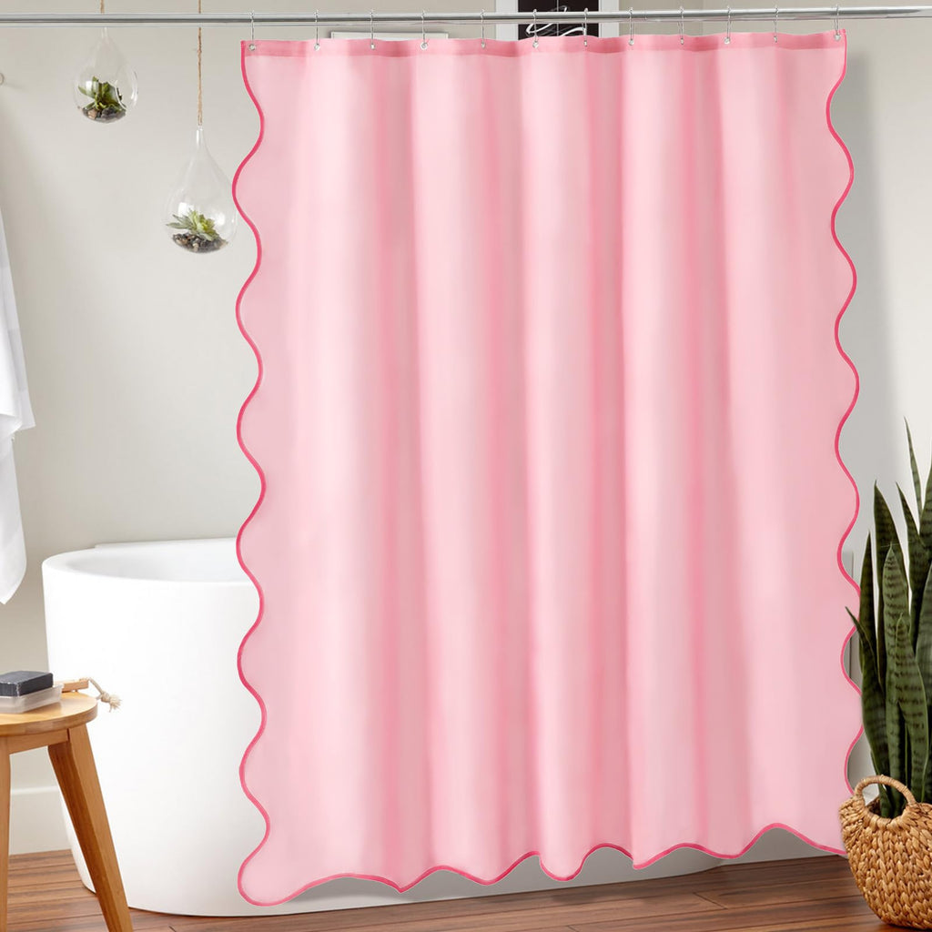 Pink Scalloped Shower Curtain 72 W x 84 H Inch Extra Long, Cute Pink Ruffle Shower Curtains Boho Aesthetic Preppy