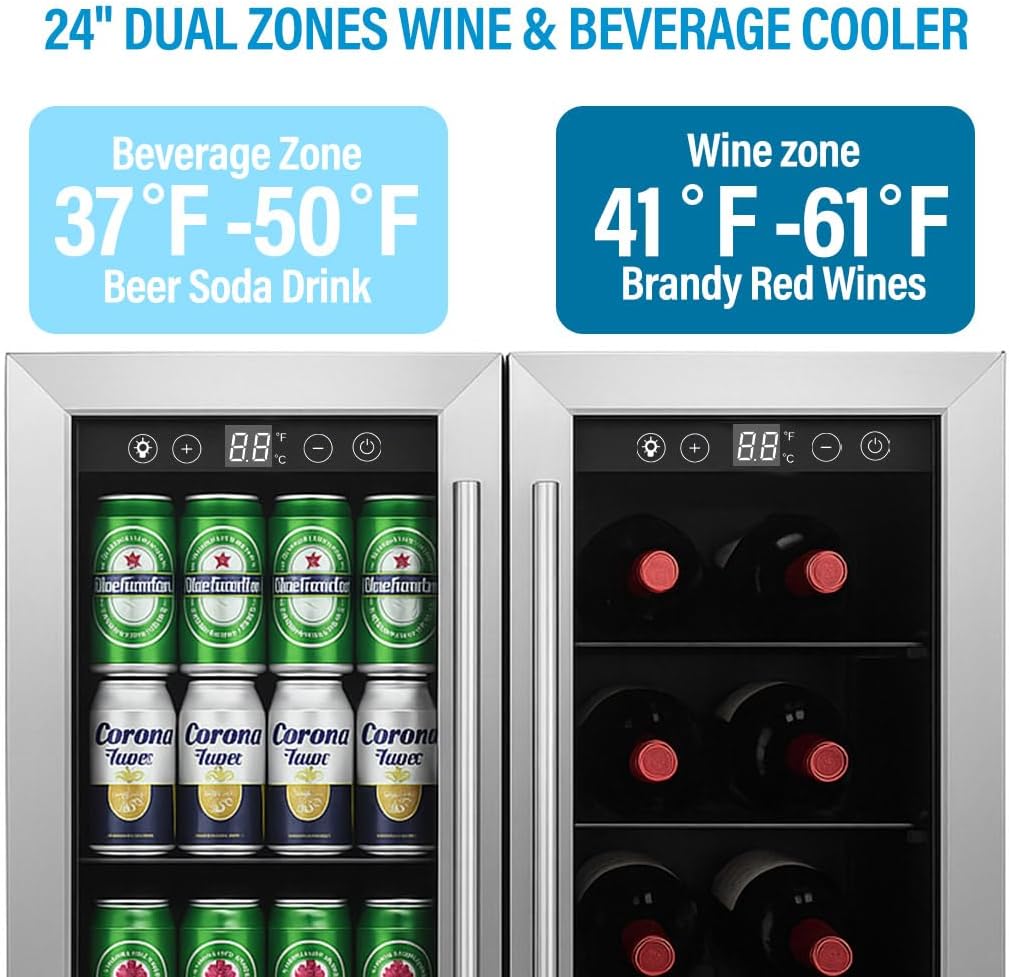 24 Inch Wine and Beverage Refrigerator, Dual Zone Wine Cooler with Advanced Cooling, 176 Cans and 42 Bottles Capacity