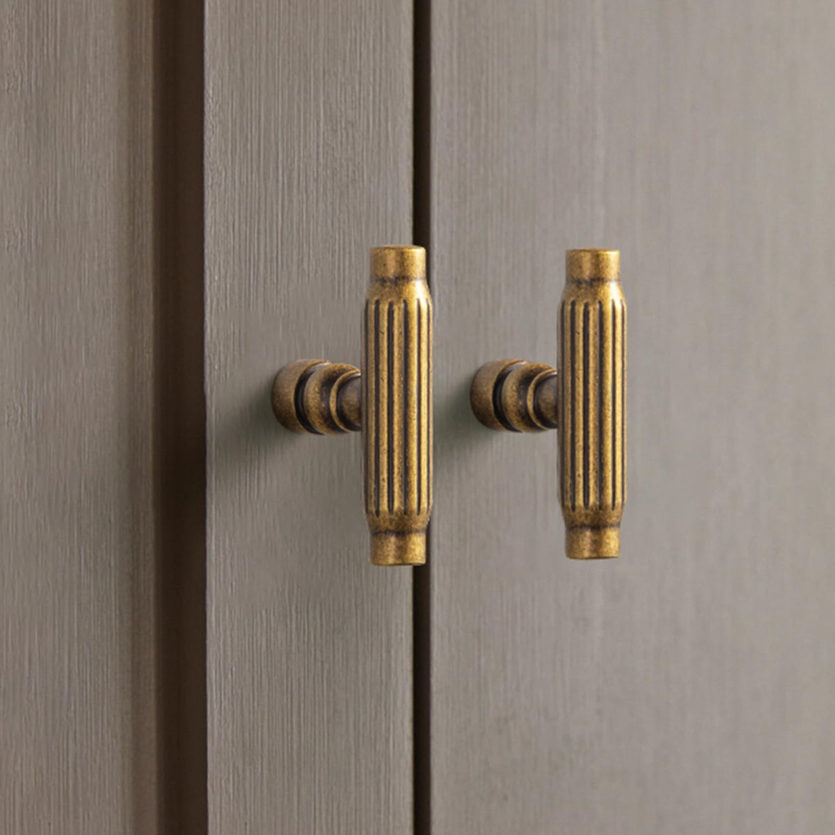 6 Pack Antique Brass Cabinet T-Bar Knob - Vintage Vertical Groove Textured Grip for Kithcen Drawers & Cupboard