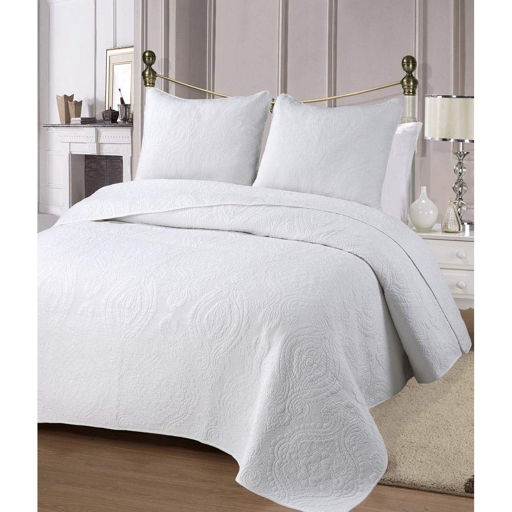 3 Piece Faux Matelasse Style Medallion Cotton Quilt Queen Size Set, Victorian Reversible Extreme Soft Comfort Durable