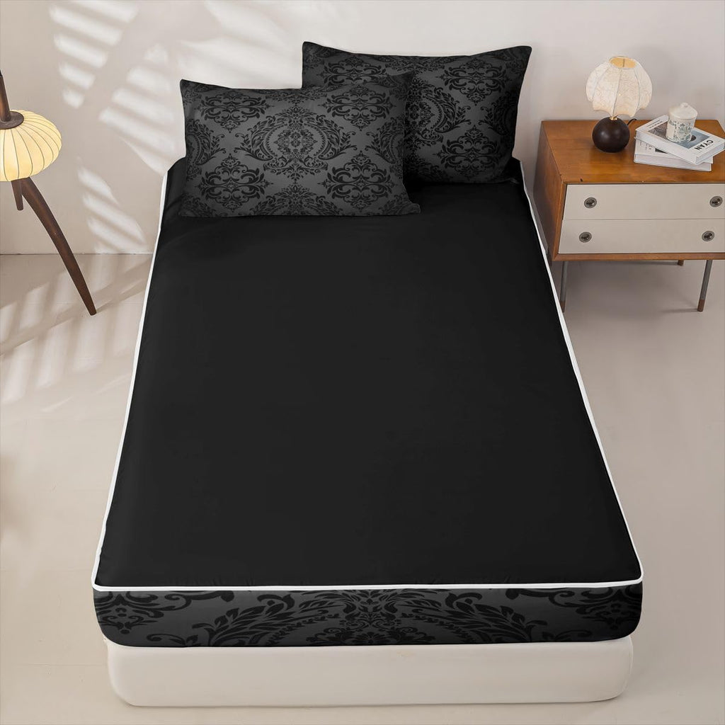 Black Gothic Damask Floral Comforter Set Full Zipper Bedding Set