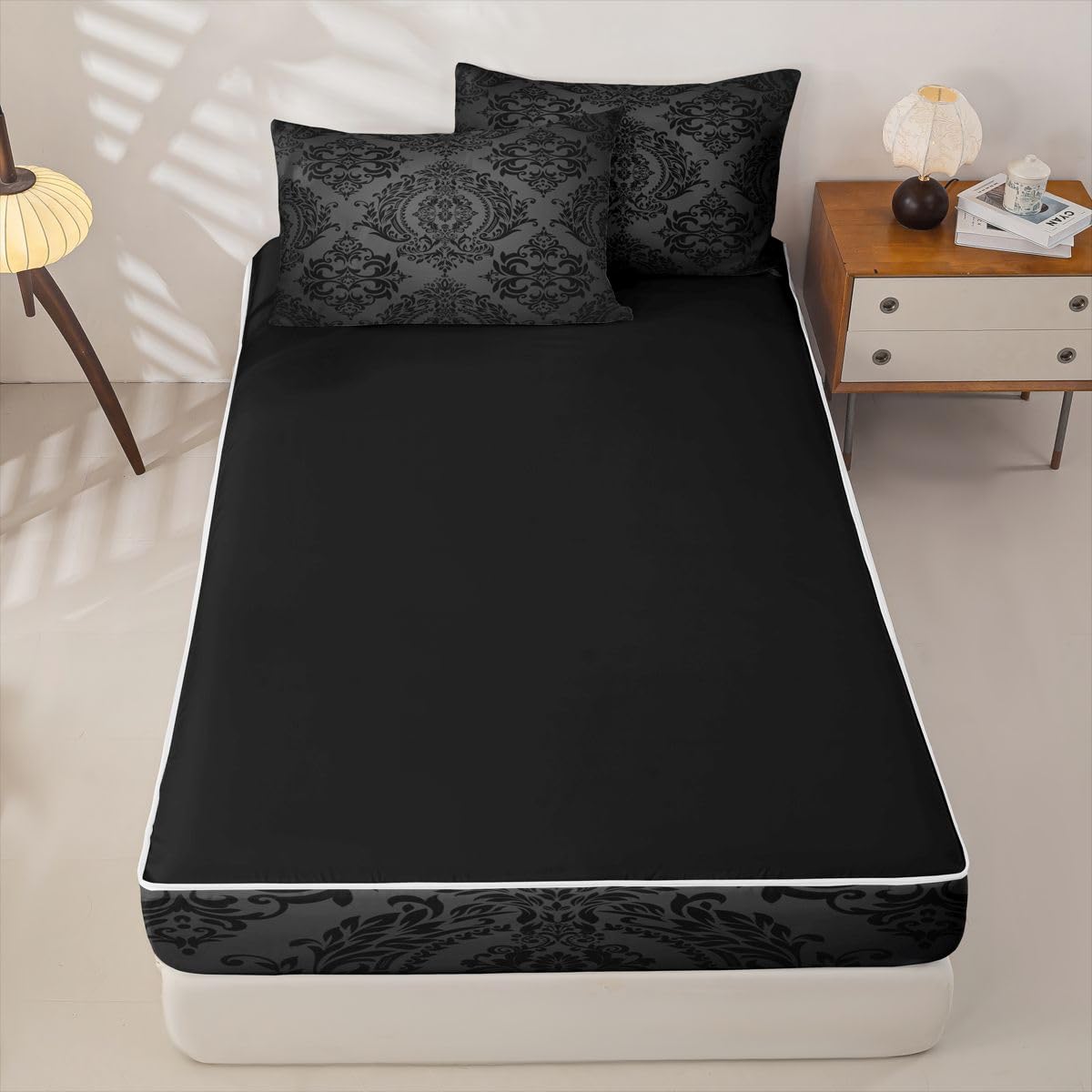 Black Gothic Damask Floral Comforter Set Full Zipper Bedding Set