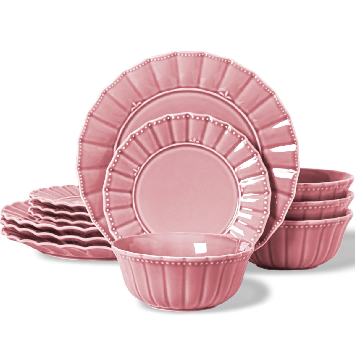 Plates and Bowls Sets for 4, 12 Piece Dinnerware Sets, Porcelain Plate Set, Microwave and Dishwasher Safe, Wedding