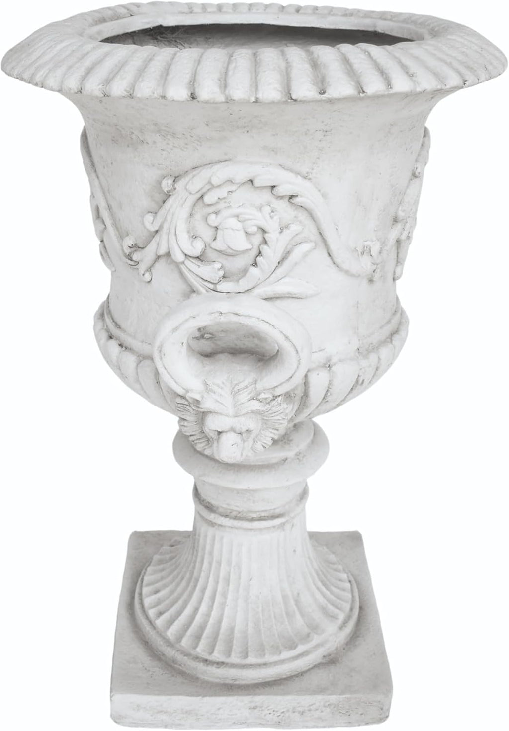 Adonis Traditional Roman Chalice Garden Urn Planter with Lion and Floral Accents, Antique White