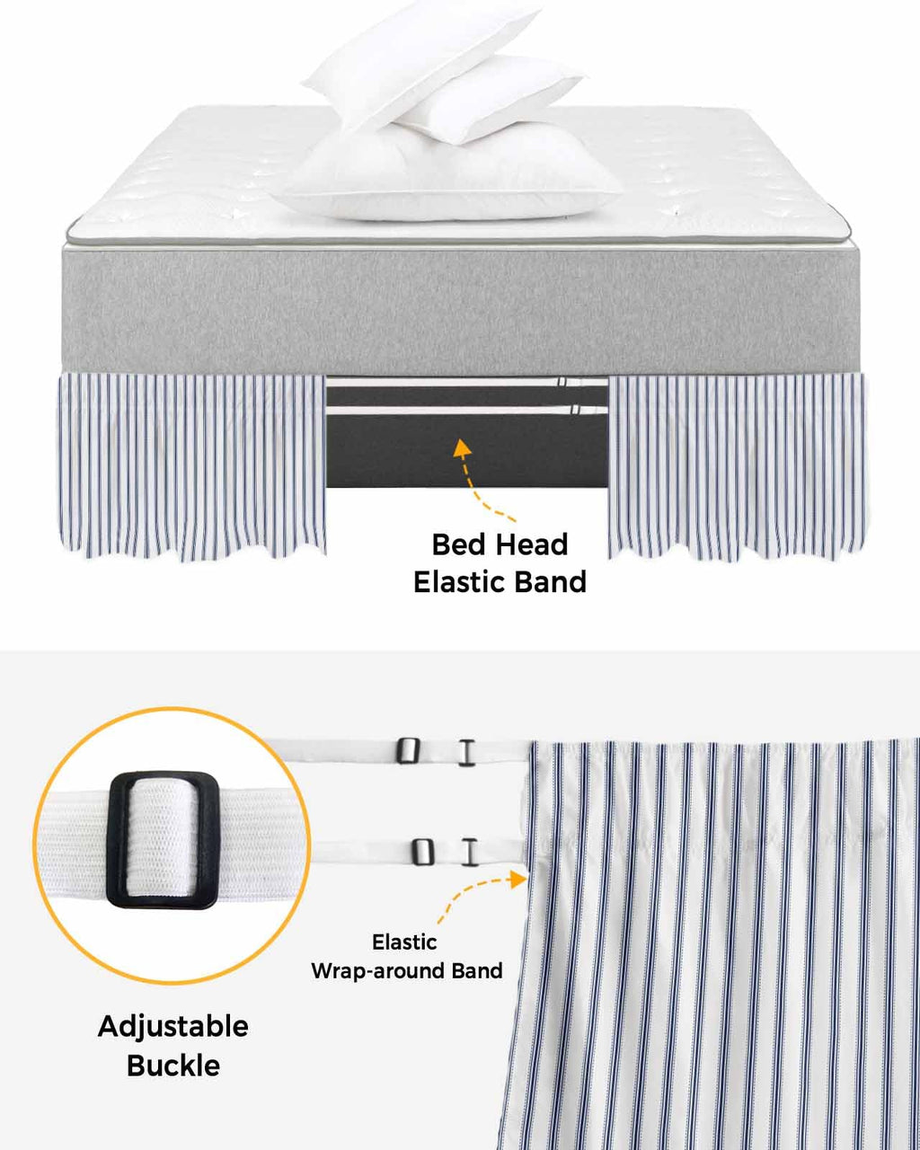 Navy Blue Striped Bed Skirt 16 Inch Drop, Farmhouse Geometric Minimalist Vertical Stripes Adjustable &