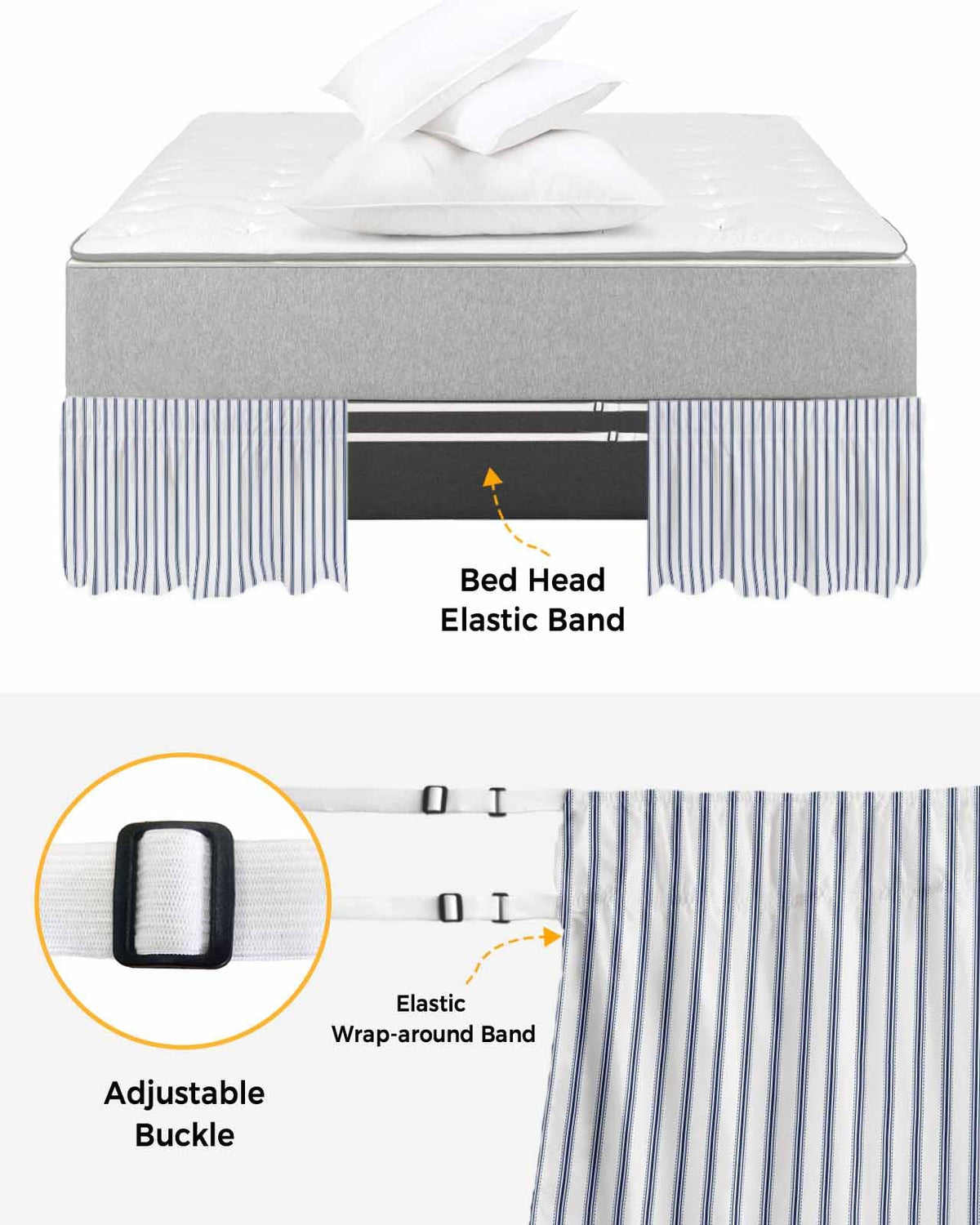 Navy Blue Striped Bed Skirt 16 Inch Drop, Farmhouse Geometric Minimalist Vertical Stripes Adjustable &