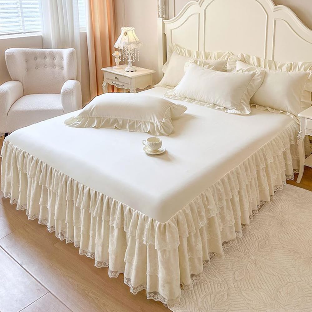 Lace Bed Sheet for Queen/King Bed - 17in. Drop, Easy Fit Ruffle Bedskirt Wrap Around Bed Skirt, Anti Wrinkle & Fade