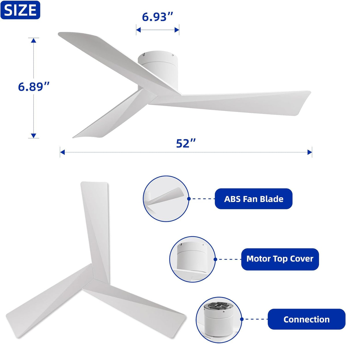52" White Ceiling Fan with Remote, No Light