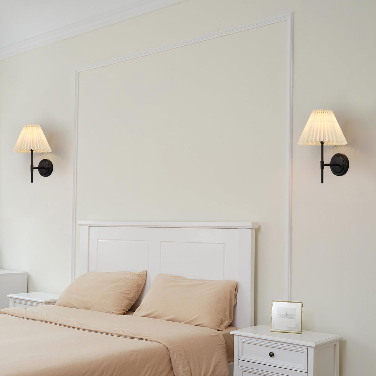 Wall Sconce, Matte Black, White Pleated Fabric Shade, E12 Base Socket, Candelabra Bulb, Living Room Lighting