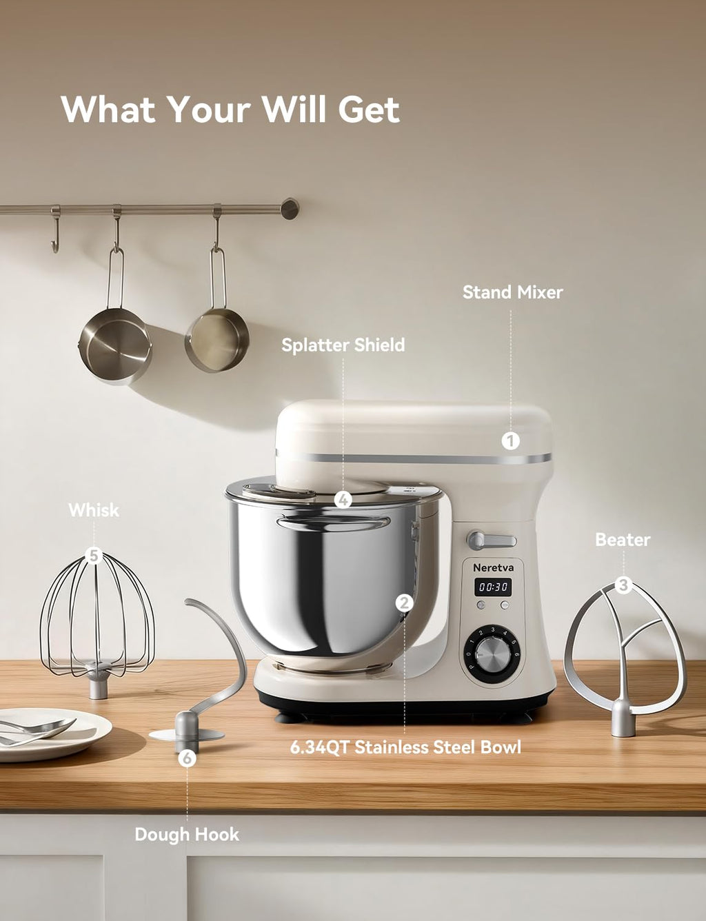 Super Stable Stand Mixer with Low Noise Operation, 6.34 QT Capacity