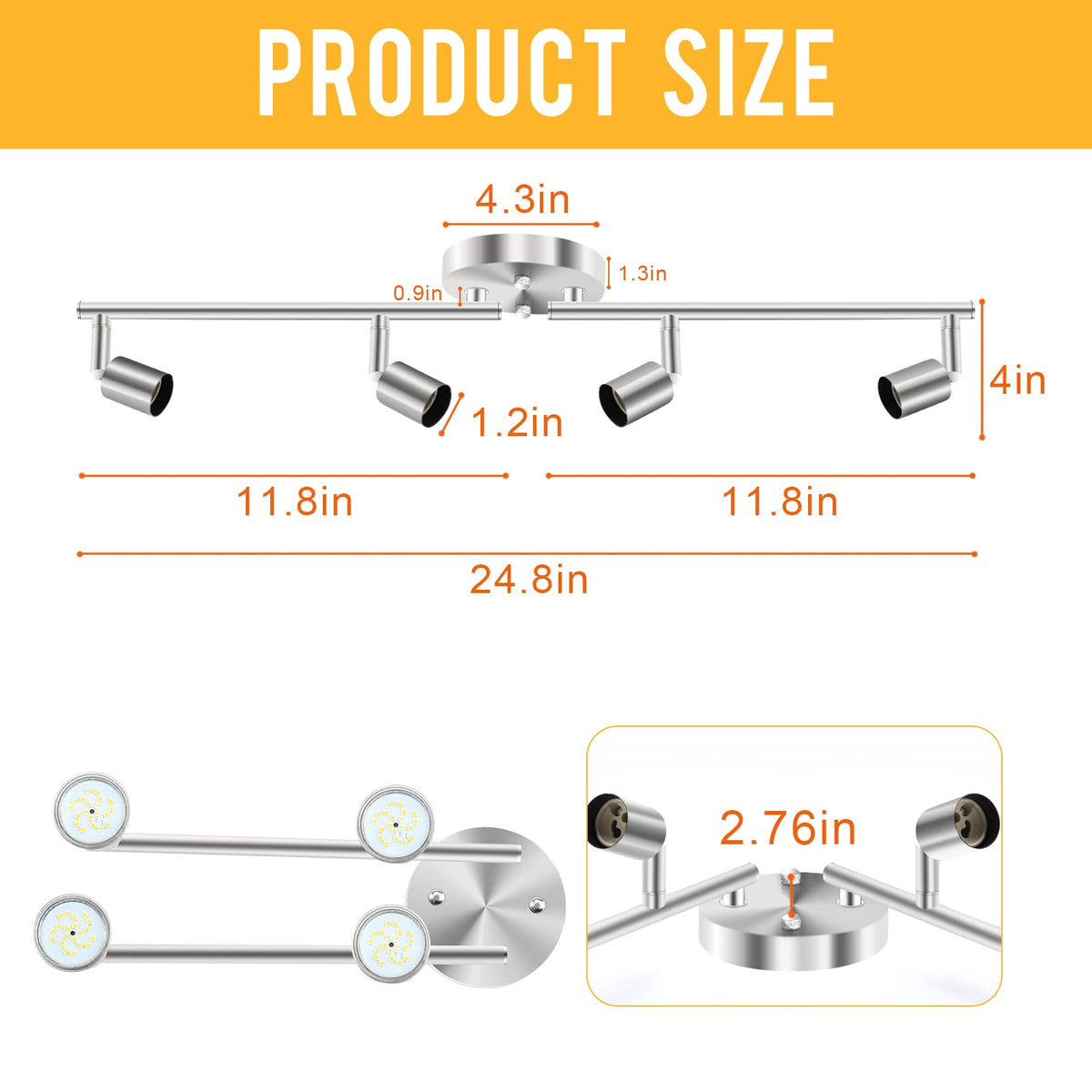 Track Lighting Kit, 4 Head Foldable Ceiling Spot Light with GU10 Socket Hallyway Bedroom Fixture Directional Accent