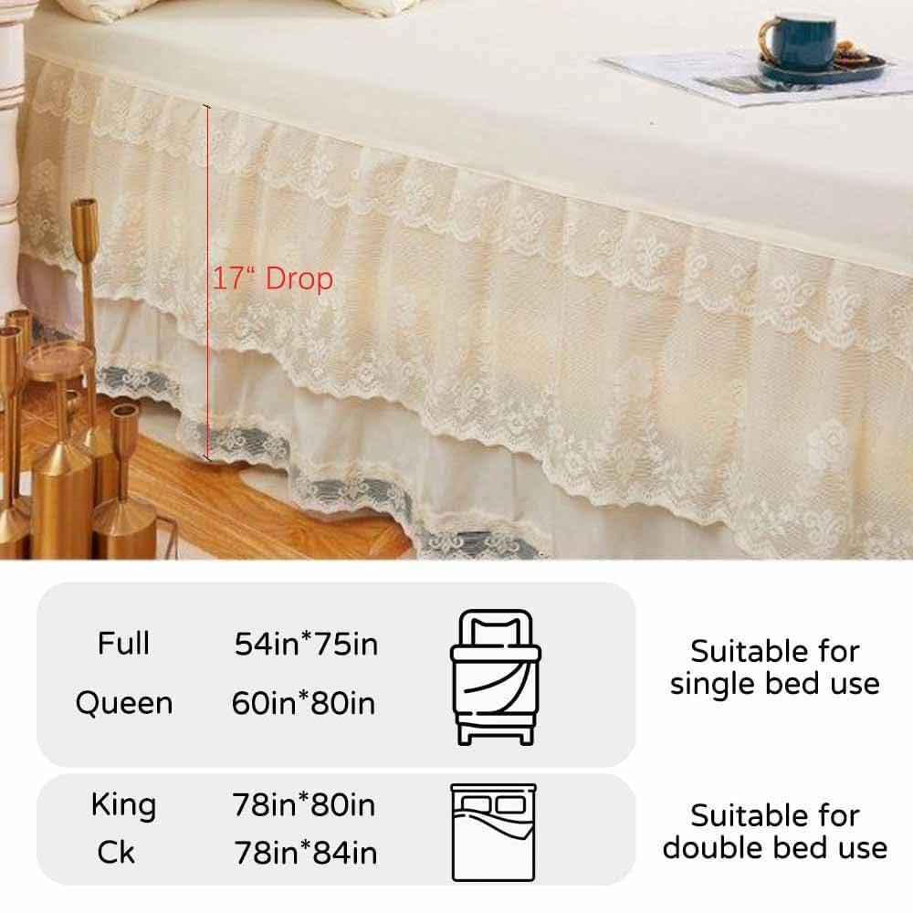 Double Lace Bed Skirt for Bed - 17in. Drop, Easy Fit Ruffle Bedskirt Wrap Around Bed Skirt, Anti Wrinkle & Fade
